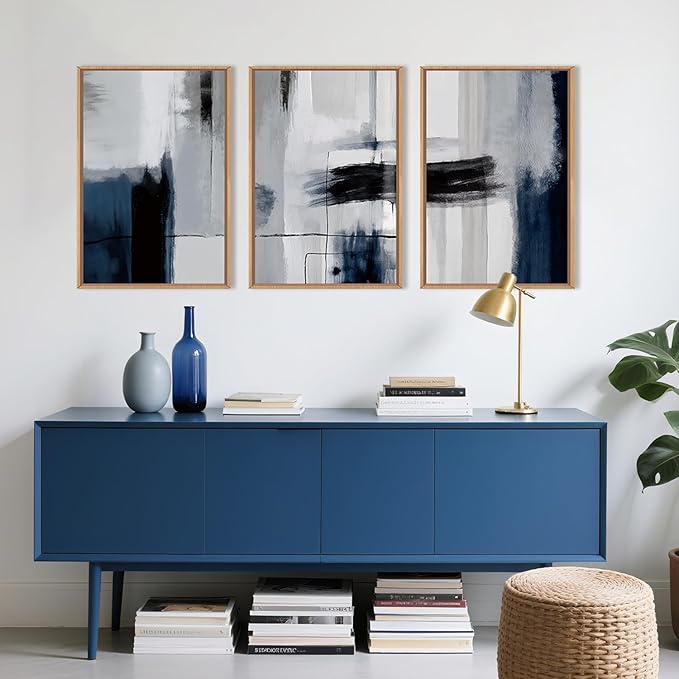 Abstract Blue and Gray Framed Canvas Print Wall Art Set,Modern Neutral Geometric Line Wall Decor,Minimalist Navy Blue Pastel Grunge Brush Strokes Artwork for Living Room,Bedroom-24 x36 x3