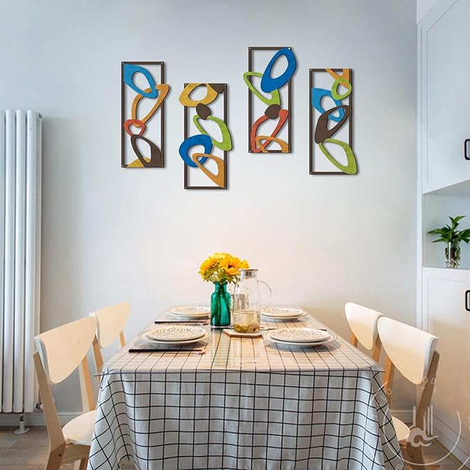 4 Pcs Mid Century Modern Decor Midcentury Retro Wall Art Elegance Wall Accents Metal Abstract Geometric Panels for Interior Wall Decor Panel Wall Art for Home Living Room