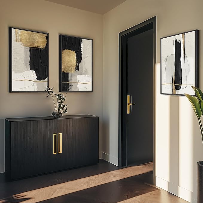 Large Framed Black and White Abstract Wall Art for Living Room, 3 Piece Big Canvas Prints Paintings Artwork for Walls, Modern Minimalist Black Gold Pictures for Hallway Office Wall Decor 24x36 Inch