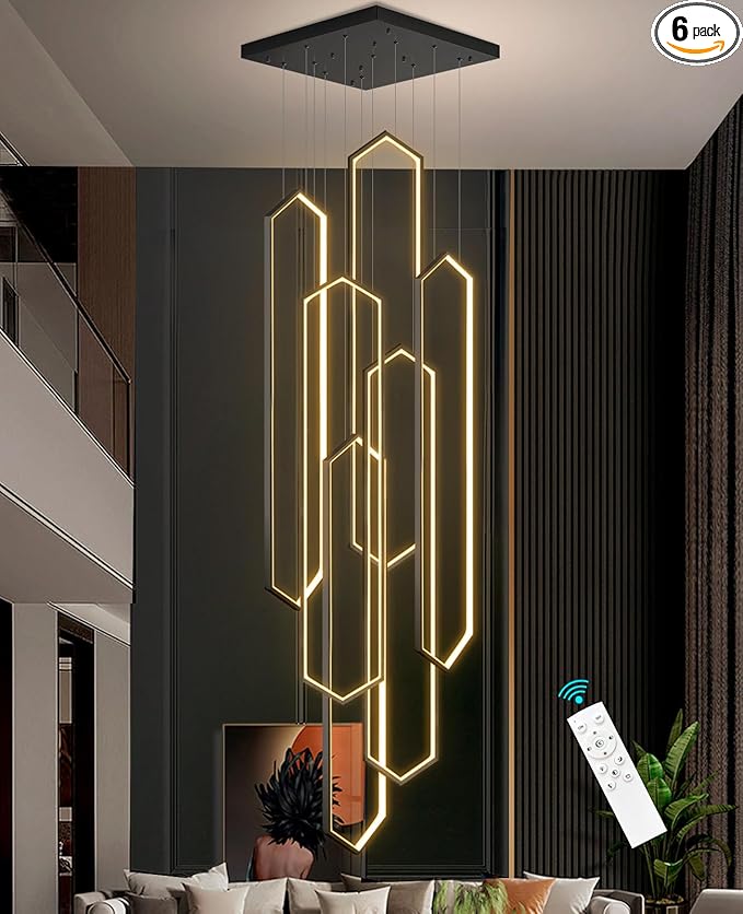 6-Rings Chandelier Modern, Black Large Contemporary LED Light for Living Room Entrance, Dimmable Flush Mount High Ceiling Chandeliers with Remote Control for Villa Foyer