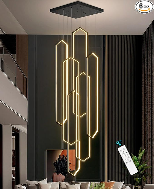 6-Rings Chandelier Modern, Black Large Contemporary LED Light for Living Room Entrance, Dimmable Flush Mount High Ceiling Chandeliers with Remote Control for Villa Foyer