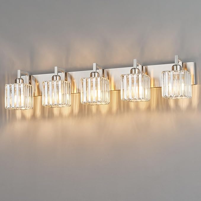 Modern Bathroom Vanity Light 5-Lights Brushed Nickel Vanity Light Crystal Wall Light Bathroom Light Fixtures