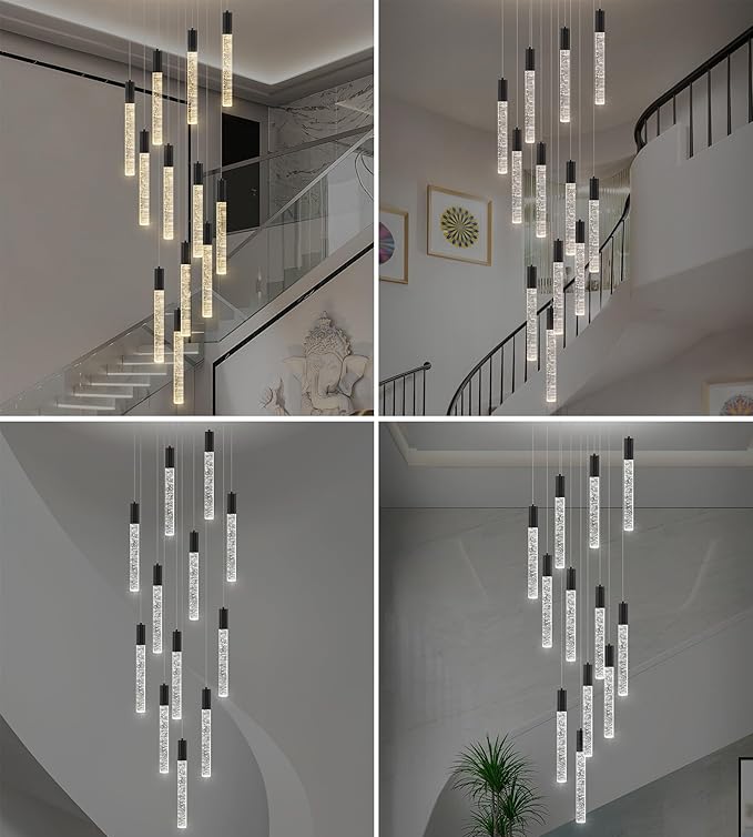 12-Lights High Ceiling Crystal Chandelier, Modern Large LED Raindrop Pendant Light Fixture 98.5" H Flush Mount Chandelier Black for Foyer Staircase Villa Living Room