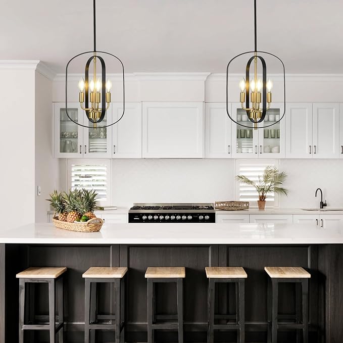 4-Light Black and Gold Chandeliers Modern Farmhouse Pendant Lights Kitchen Island Adjustable Height Small Entryway Chandelier for Dining Room Living Room Bedroom Foyer E12 Base