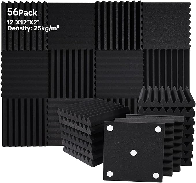 56 Pack Sound Proof Panels for Walls, 2" X 12" X 12" Wedges Acoustic Foam, High Density Acoustic Panels, Soundproof Wall Panels for Home Studio Sound Absorption and Decoration, Black