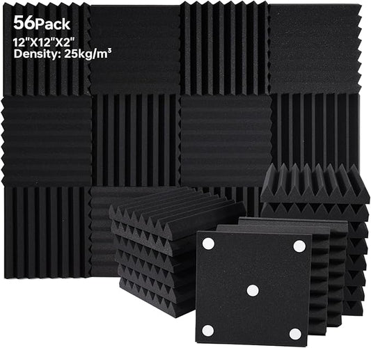 56 Pack Sound Proof Panels for Walls, 2" X 12" X 12" Wedges Acoustic Foam, High Density Acoustic Panels, Soundproof Wall Panels for Home Studio Sound Absorption and Decoration, Black