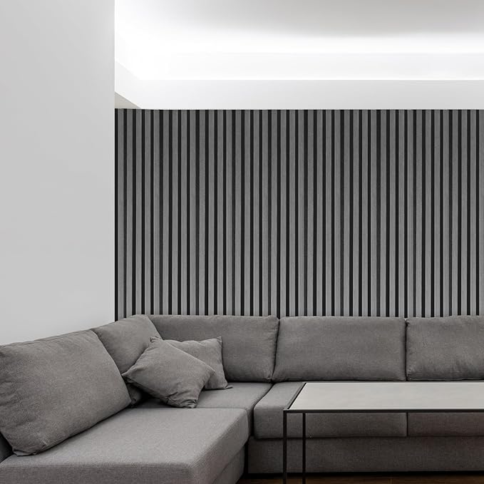 NeatiEase Wood Wall Panels, 9 Feet Acoustic Slat Wall Panels for Interior Wall Decor and Noise Reduction, Decorative Slat Wall Paneling, Dark Gray Oak, 6-Piece