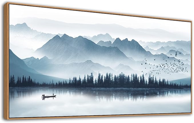 arteWOODS Indigo Framed Canvas Wall Art Misty Mountain Wall Pictures Foggy Lake Boat Painting Prints Forest Birds Artwork Wall Decor for Living Room Bedroom Decorations Framed 20" x 40" Natural