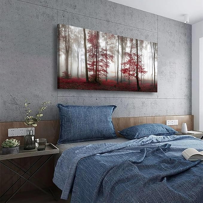 Misty Forest Pictures Canvas Wall Art for Living room Office Bedroom Wall Decor,Forest Wall Art Print Paintings Modern Nature Red Tree Artwork Waterproof Ready to Hang-24x48 inch