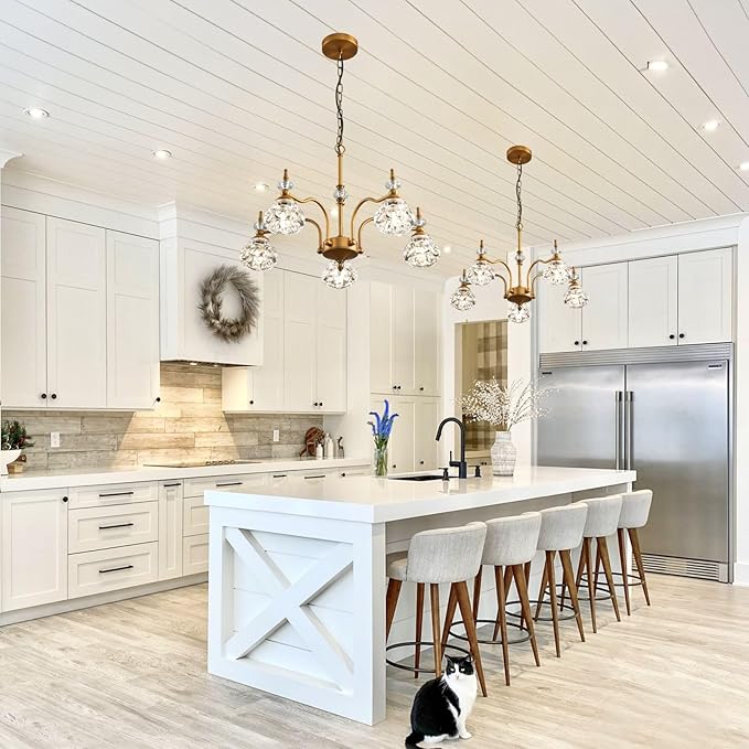 5-Light Vintage Gold Crystal Chandeliers for Dining Room, Antique Victorian Chandelier, Rustic Kitchen Island Light Fixtures, Modern Farmhouse Hanging Pendant Lights for Living Room, Bedroom, Foyer