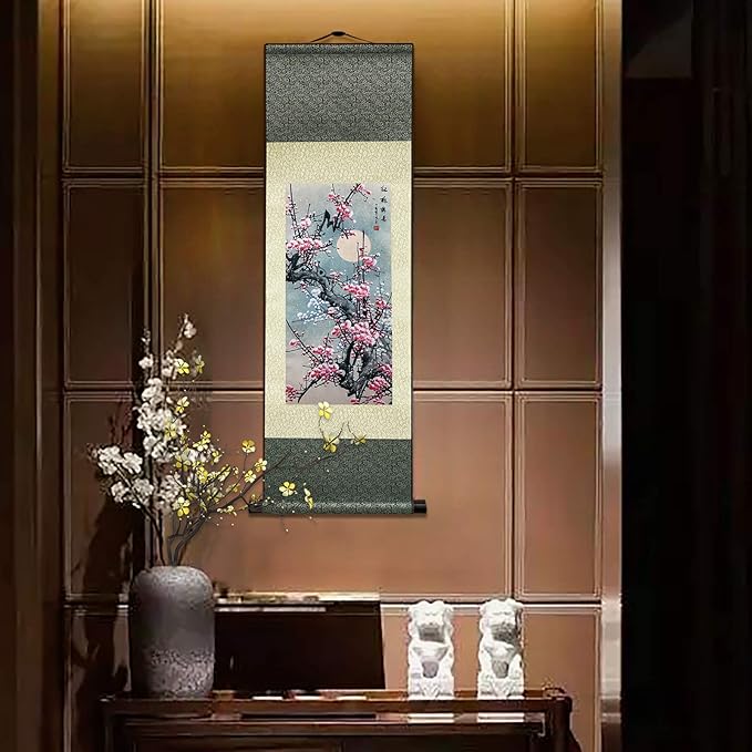 AtfArt Asian Wall Decor Beautiful Silk Scroll Painting Flowers - Plum - Red Plum Primula Primula Rubra Oriental Decor Chinese Art Wall Scroll Wall Hanging Painting Scroll (36.2 x 12 in)