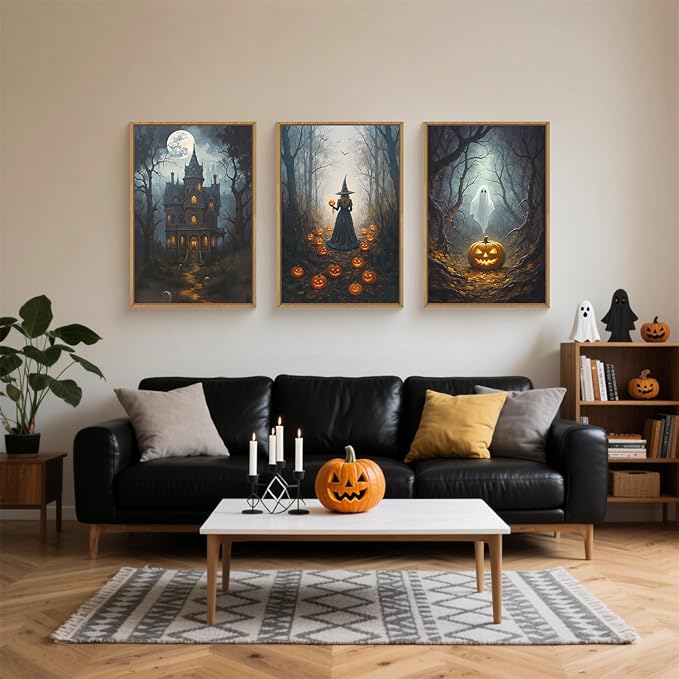 Ausril Halloween Moon Castle Framed Canvas Wall Art Set, Scary Dark Forest Witch Wall Decor, Cute Ghost Wall Painting, Pumpkin and Bats Art Prints for Gothic Party, living room, Club -16"x24"x3