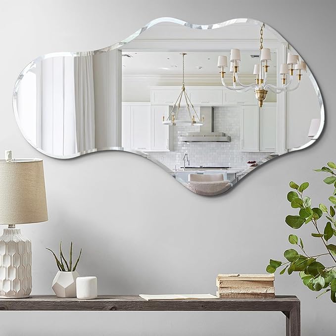 36 x 24 Inch Asymmetrical Cloud Mirror, Modern Irregular Wavy Wall Mirror, Beveled Edge Frameless Mirror for Living Room, Bathroom, Bedroom, Entryway