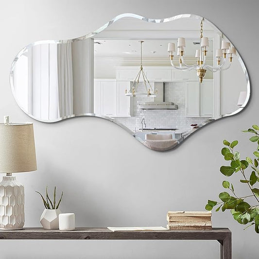 36 x 24 Inch Asymmetrical Cloud Mirror, Modern Irregular Wavy Wall Mirror, Beveled Edge Frameless Mirror for Living Room, Bathroom, Bedroom, Entryway