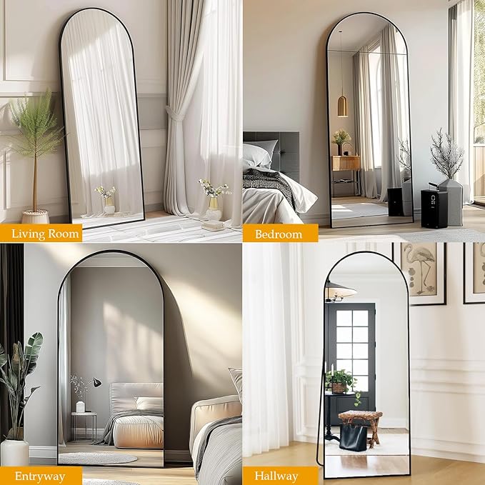 Arched Full Length Mirror, 64"x21" Large Floor Mirrors with Stand, Full Body Mirror for Leaning Hanging, Standing Mirrors for Bedroom, Living Room,Dressing Room, Aluminum Alloy Frame, Black