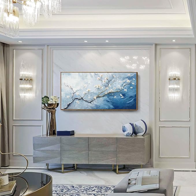 Nicetop Framed Wall Art for Living Room - Large Plum Blossom Canvas Art Prints with Wood Frame - Blue and White Artwork Abstract Ocean Wall Picture Bedroom Office Dining Room Coastal Decor 48x24 Inch