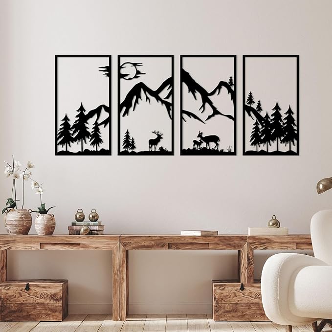 4 Pcs Mountain Scene Metal Wall Decor, Black Line Drawing Wall Art, Abstract Minimalist Rustic Nature Home Wall Art Sculpture for Garden Home Decor