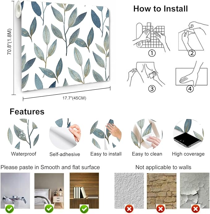 Blue and Gold Leaf Peel and Stick Wallpaper Waterproof Removable Self Adhesive Vinyl Contact Paper for Walls Boho Modern Decor for Bathroom Bedroom or Living Room 17.7" x 70.8"