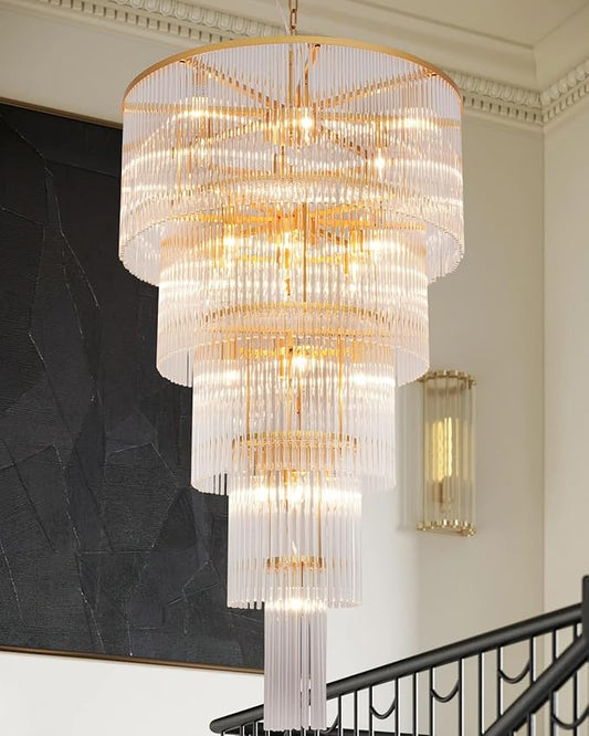 Large Gold Glass Chandelier, 5-Tier Modern Chandelier Light Fixture for High Ceiling Foyer Entryway Luxury Staircase Living Room Golden H49 D27.5