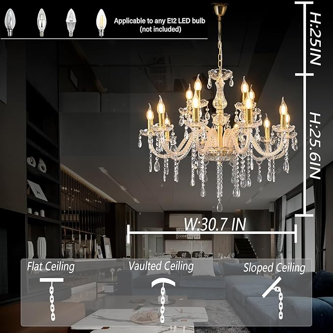 MALOSA Luxury Gold Large Crystal Chandelier for Living Room,Dining Room,Bedroom,Hallway 15 Lights 30.7"