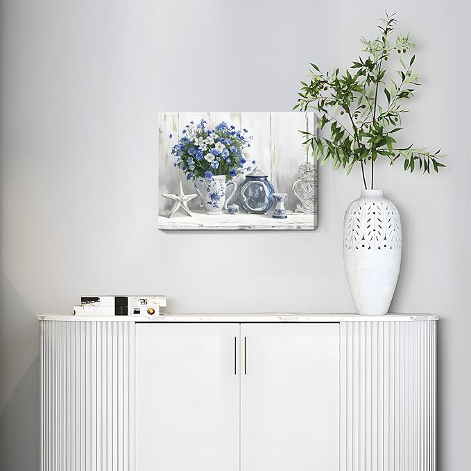 Nicetop Bathroom Decor Wall Art Vintage Coastal Picture Blue and White Anemone Flowers in Vase with Starfish and Bottle Pottery Canvas Print Rustic Country Farmhouse Artwork for Bedroom 16x12 Inch