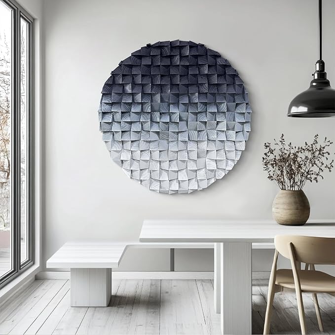 LIUZEYUE - 3D wooden block decoration painting art wall decoration 3D wooden background wall living room bedroom study (blue gray gradient) Diameter 23.6"