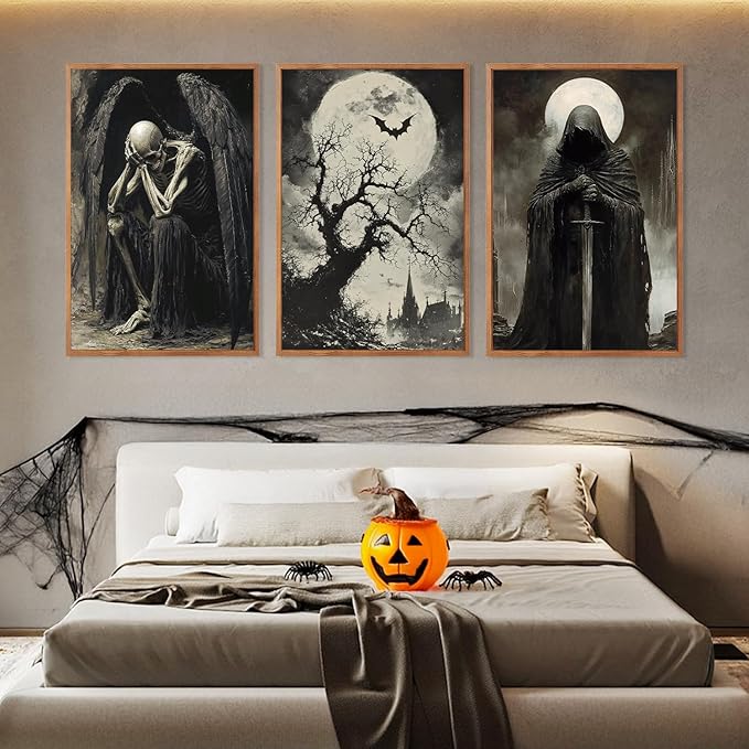 LHIUEM 16”X24”X3-Halloween Pictures Wall Art Large Gothic Posters Dark Academia Sword Michael Myers Artworks Witchy Wall Decor Aesthetic Halloween Skull Whimsical Goth Framed Decor for Living Room