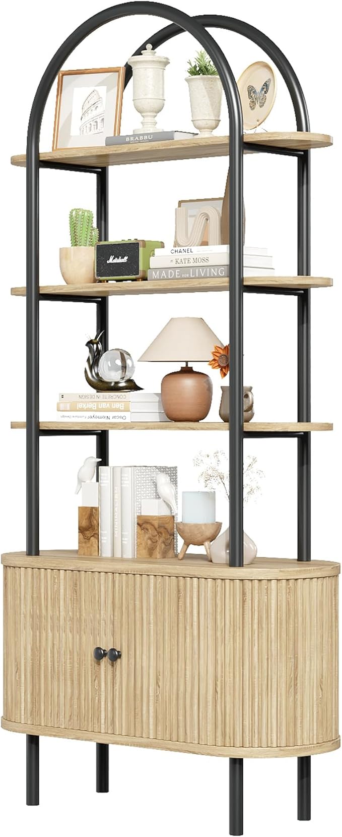 71" Tall Bookshelf, Bookcase, 4-Tier Book Shelf with Storage Cabinet, Curved Metal Frame Bookcase, Freestanding Industrial Storage Display Shelving for Living Room Office Bedroom, Natural