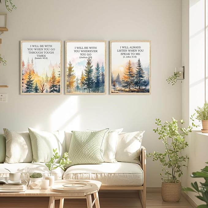 Christian Bible Wall Art Set of 3, Bible Verses Wall Decor Paintings, Religious Psalm Poster Canvas Prints, Vintage Forest Landscape Home Decoration for Living Room Bedroom 16x24 inch Wood Framed
