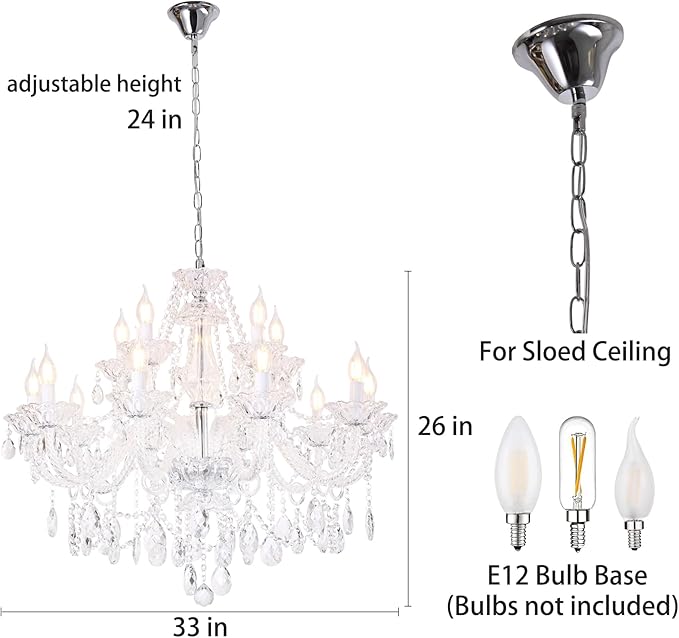 Clear K9 Crystal Chandelier 15 Light Pendant Lighting Fixture for Dining Room Living Room Bedroom Hallway Entryway Elegant Ceiling Lamp E12 Clear