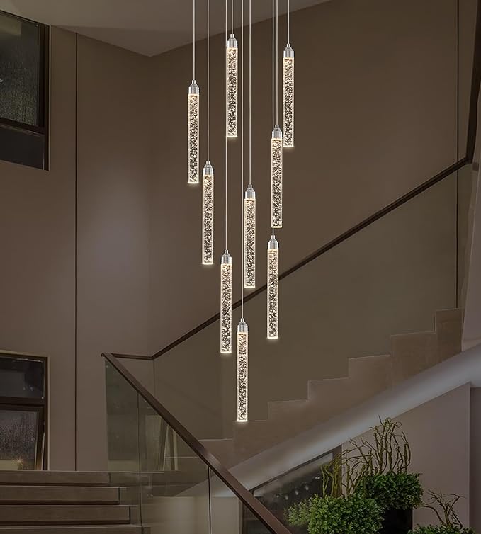 9-Lights High Ceiling Crystal Staircase Chandelier Silver, Modern Spiral Raindrop Dimmable LED Bubble Cluster Ceiling Hanging Lighting Fixture for Foyer Living Room Entrance Remote Control