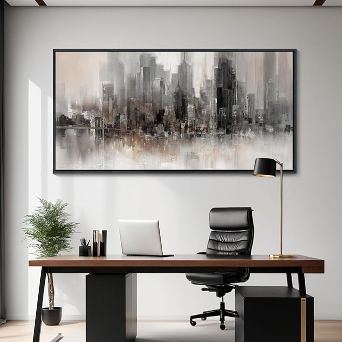 Cityscape Wall Art New York City Skyline Buildings Picture Modern Abstract Grey NYC Skyline Birds Painting Framed Artwork for Bedroom Living Room Bathroom Home Office Decor 20×40IN