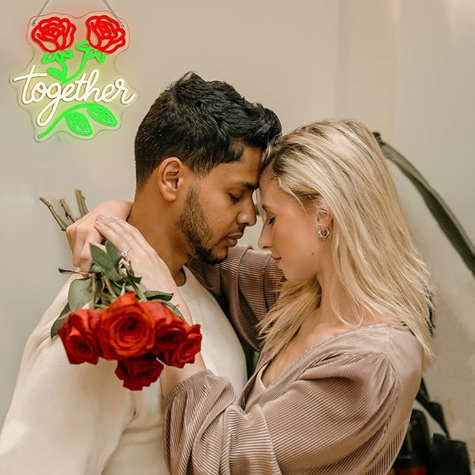 Looklight Together Neon Sign Wedding Neon Signs for Wall Decor Flower Light Happy Anniversary Sign Rose Wall Decor Led Lights for Anniversary Celebration Wedding Party Bedroom Home Decorations Gifts
