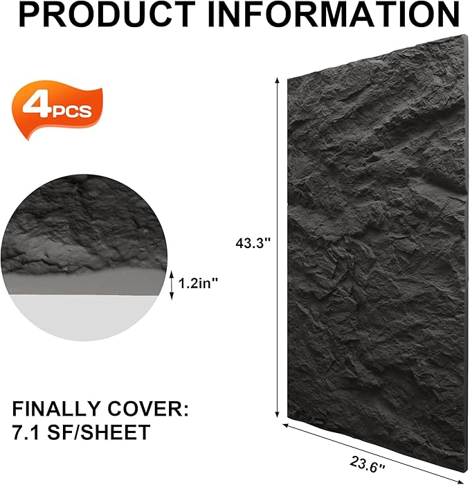 KASARO 3D Faux Stone Wall Panels, 4 PCS PU Wainscoting Panel for Interior Wall Decor, Cement Texture Thicker Accent for Home, Office, 43.3 × 23.6 inch, Black