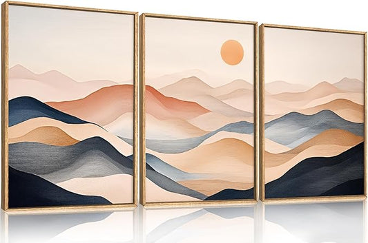 Boho Abstract Mountain Framed Canvas Wall Art Set,Earthy Toned Rustic Sunrise Landscape Wall Decor,Colorful Modern Watercolor Nature Scenery Artwork for Living Room, Bedroom,Farmhouse-24"x36"x3