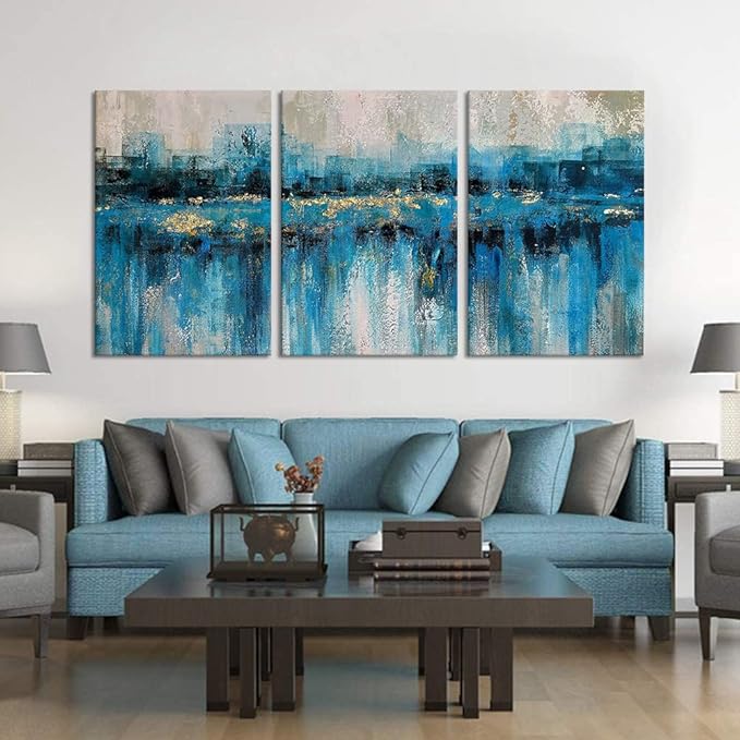 MAMAGO Large Abstract Gold Foil Lake View Canvas Print Poster Modern City painting Living Room Bedroom Artwork Framed Easy to Hang-24”W x 36”Hx3pcs