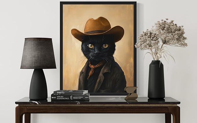 Black Cat Cowboy Art Print Poster Wall Art, Western Country Farmhouse Wild West for Bedroom, Bathroom, Living Room Art Decor 58 (Black Cat, 11 x 14 inches, Black Frame)