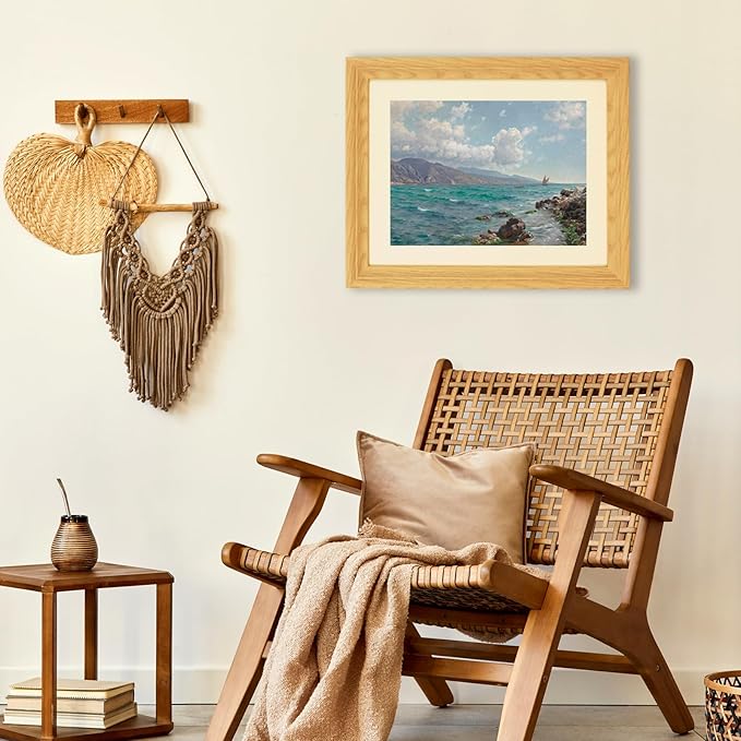 Brivoria Framed Coastal Canvas Wall Art Gallery Decor 13x16 Inch Faux Wood Frame with Mat for Bedroom Hallway or Cottage Display Gallery Nautical Print – Rocky Coast