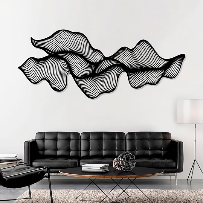 Modern Abstract Metal Wall Decor, Flowing Lines Metal Wall Art, Modern Luxury Wall Hanging, Modern Abstract Wall Art, Large Minimalist Sculpture for Home Office Decor (Black, 17"x41"|44x105cm)