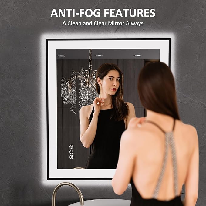 LOAAO 28"X32" LED Bathroom Mirror Black Framed, Anti-Fog, Dimmable, Lighted Bathroom Vanity Mirror for Wall, Memory Function, Tempered Glass