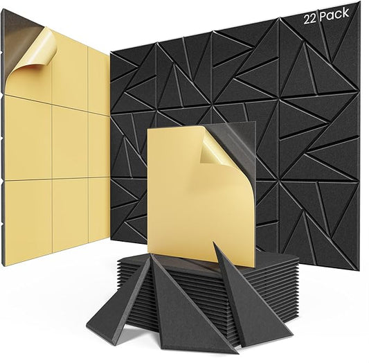 22 Pack Acoustic Panels with Self-Adhesive, 12"X 12"X 0.4"Sound Proof Foam Panels, Sound Panels High Density, Soundproof Wall Panels for Home Studio Office-Black