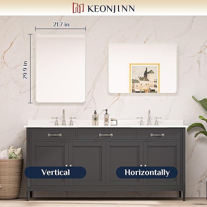 Keonjinn 22 x 30 Brushed Nickel Bathroom Mirrors for Over Sink, Rounded Rectangle Bathroom Vanity Mirror, Brushed Silver Framed Farmhouse Mirror, HD Tempered Glass Wall Mirror(Horizontal/Vertical)
