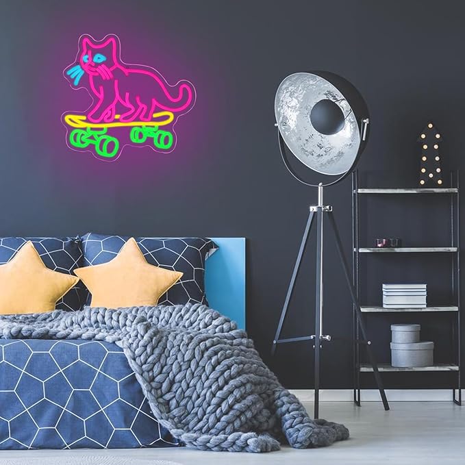 Cat Skateboard Neon Sign for Wall Decor Cat Neon Light Skateboard LED Neon Signs Colorful Led Neon Lights for Bedroom Pet Shop Skatepark Decoration