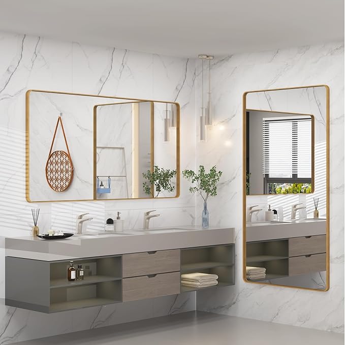 CAHRMOR 60x28 Brushed Gold Mirror for Bathroom, Golden Metal Framed Vanity Mirror, Large Rectangle Vanity Wall Mirror, Modern, Anti-Rust, Shatterproof (Horizontal/Vertical)