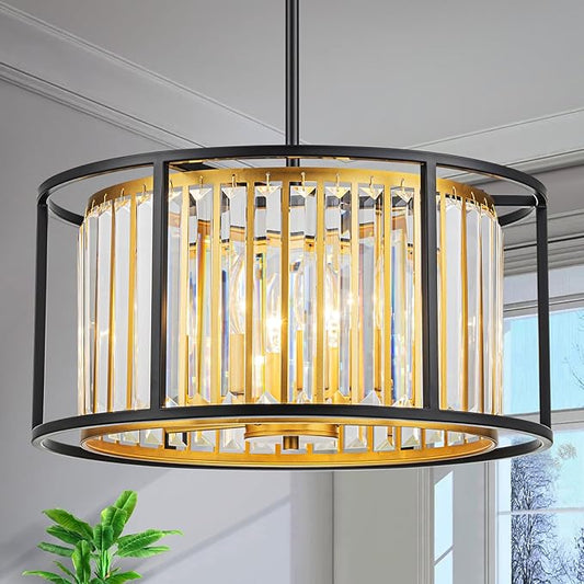 5-Light K9 Crystal Drum Chandeliers, Modern Pendant Light Fixture for Dining Room, Living Room, Bedroom, D18 x 12~58" Adjustable Height, Crystal Shade, Gold & Black Finish