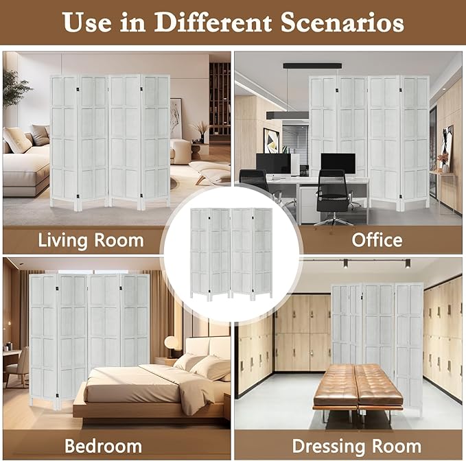 4 Panel Room Divider, 5.6Ft Wood Room Dividers and Folding Privacy Screens, Room Divider Wall Freestanding Room Partitions, Room Dividers Screen for Home Office Restaurant Bedroom, White
