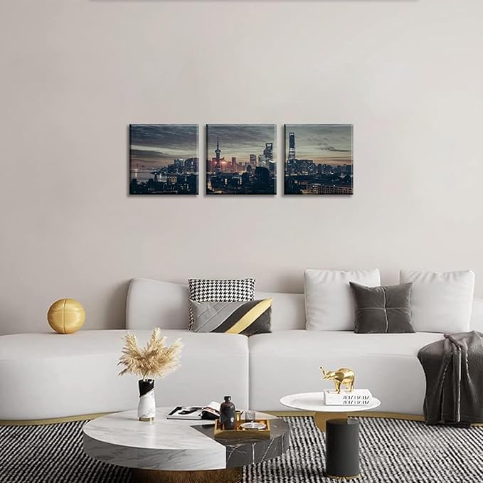NAN Wind 3Pcs Modern Shanghai Skyline Canvas Wall Art Dusk City Panorama Print Oriental Pearl Tower Night Scene Artwork Living Room Office Decor Black Grey Gold Urban Photography Print on Canvas Decor