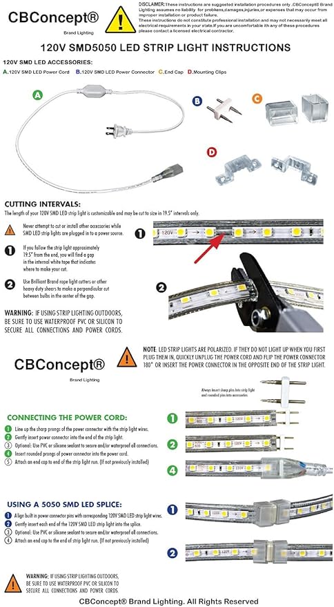 CBConcept UL Listed, 20 Feet,Super Bright 5400 Lumen, 6000K Pure White, Dimmable, 110-120V AC Flexible Flat LED Strip Rope Light, Commercial Grade, Indoor Outdoor use, Ready to plug n shine
