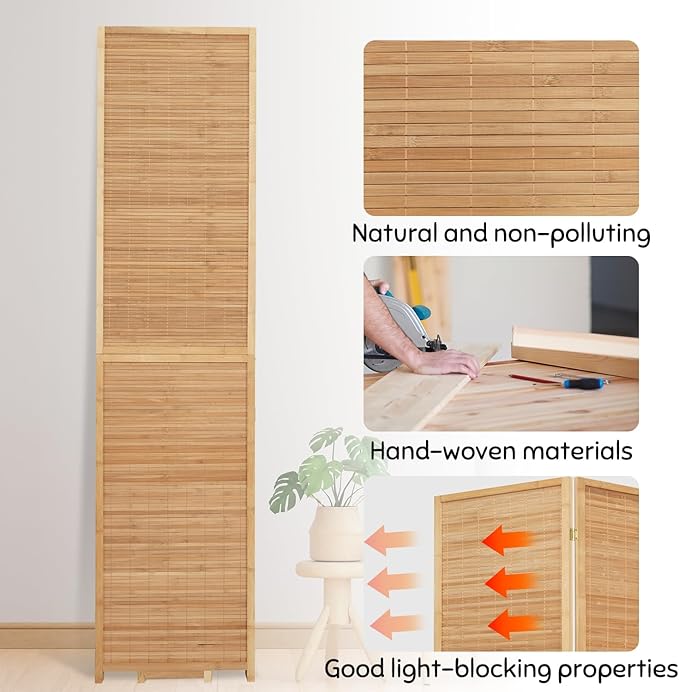 Bamboo Room Divider Folding Privacy Screens, Wall Divider for Room Separation, Portable Room Partitions and Dividers, 5.6FT Bamboo Mesh Woven Room Divider Panel (Brown, 4 Panel)