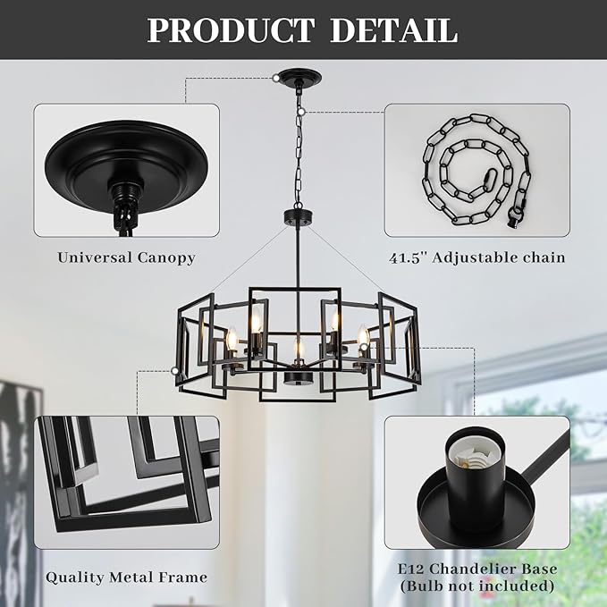 5-Light Black Geometric Chandelier,Height Adjustable Industrial Chandelier for Dining Room,Modern Farmhouse Chandelier Light Fixture over Table,for Bedroom,Living Room,Entryway,Bulbs Not Included